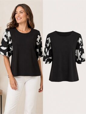 Chico’s | Black Floral Sleeve Blouse | White Print Bell Sleeve Top | Size 3 | XL
